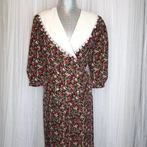 1980s Shawl Lacy Collar Fall Floral Midi Dress With Double Breasted Pearl Button